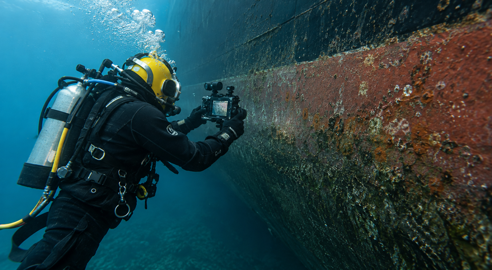 Commercial diver inspecting a vessel hull with an underwater camera